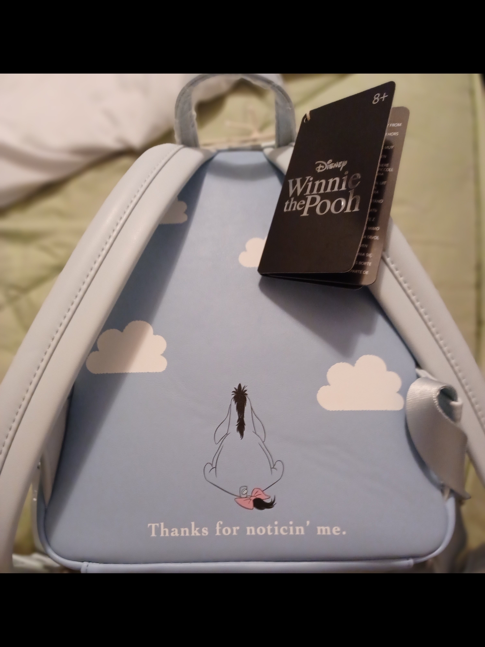 Loungefly Eeyore Character Mini Backpack in Light Blue with Pink Bow Charm - Picture 2 of 6